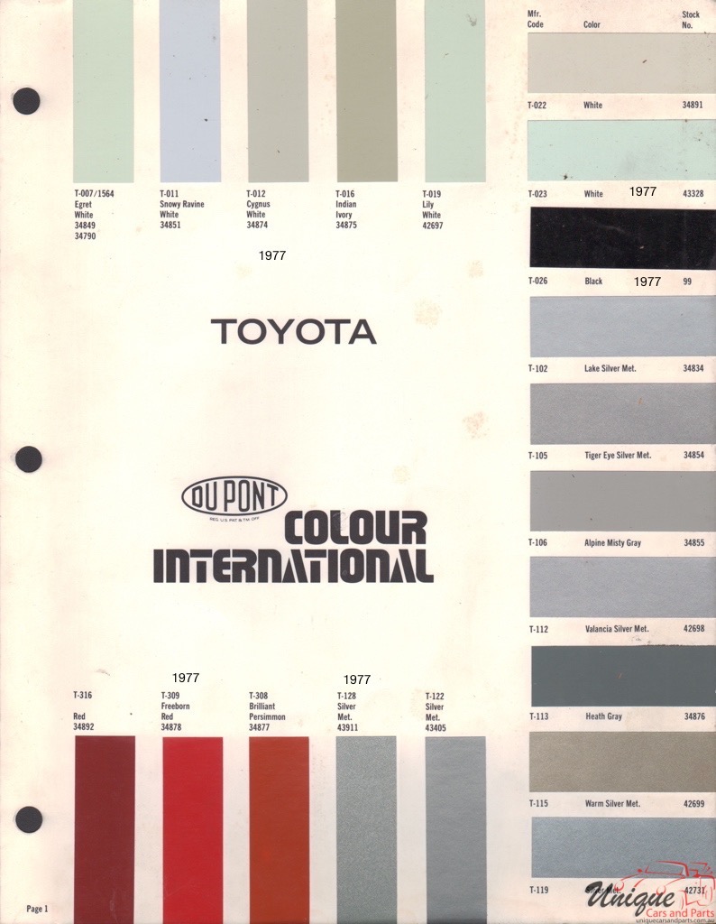 1977 Toyota International Paint Charts DuPont 1